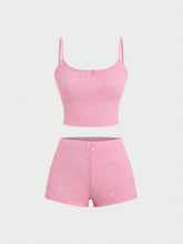 Summer Solid Color Lace Spaghetti Strap Shorts Set For Slim Fit